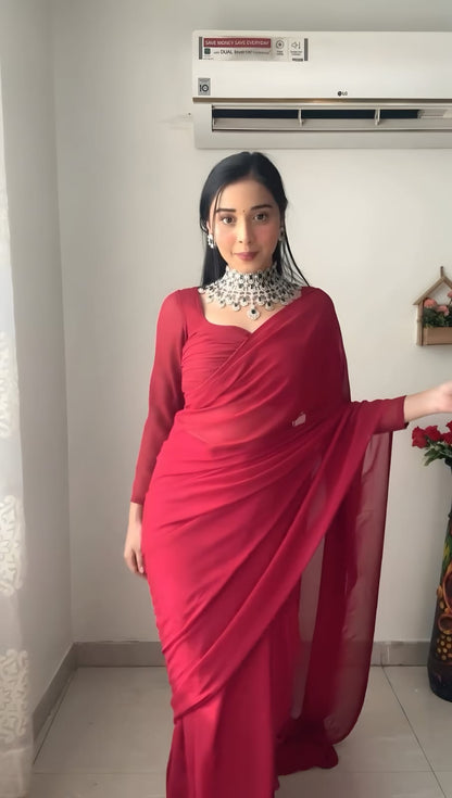 BEAUTIFUL RED  FAUX GEORGETTE READY TO WEAR SAREE WITH READYMADE RUNNING BLOUSE PARTY WEAR SAREE