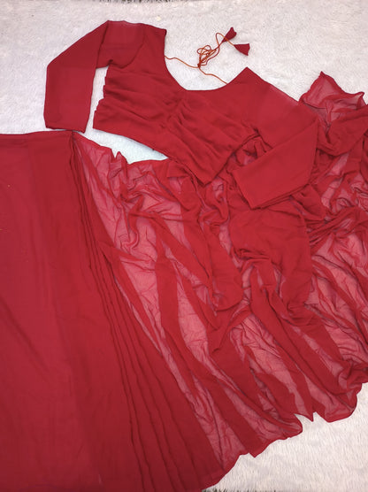 BEAUTIFUL RED  FAUX GEORGETTE READY TO WEAR SAREE WITH READYMADE RUNNING BLOUSE PARTY WEAR SAREE