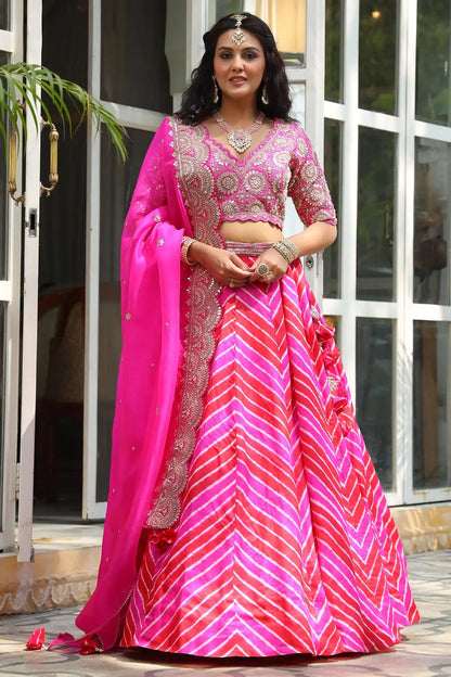 Pink & Red Dori Embroidered Silk Party Wear Lehenga choli