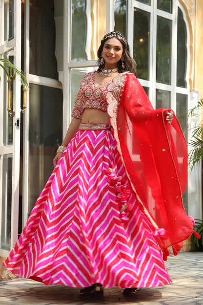 Pink & Red Dori Embroidered Silk Party Wear Lehenga choli