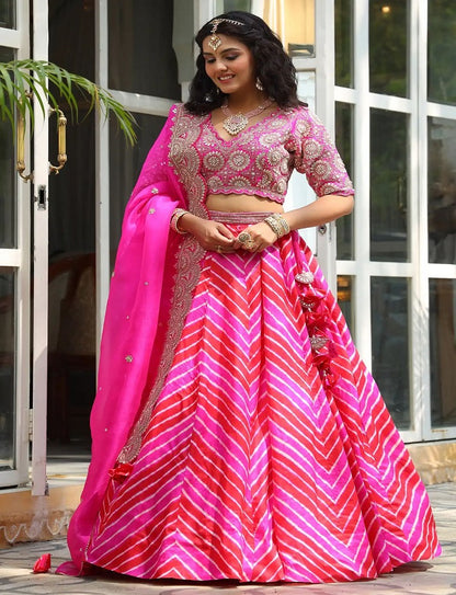 Pink & Red Dori Embroidered Silk Party Wear Lehenga choli