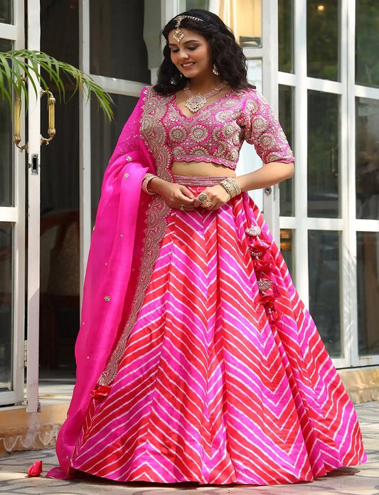 Pink & Red Dori Embroidered Silk Party Wear Lehenga choli