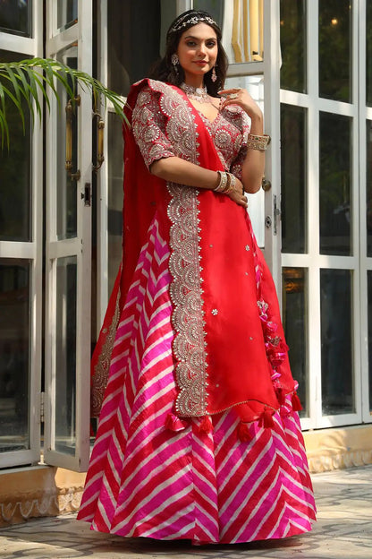 Pink & Red Dori Embroidered Silk Party Wear Lehenga choli