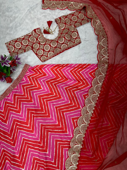 Pink & Red Dori Embroidered Silk Party Wear Lehenga choli
