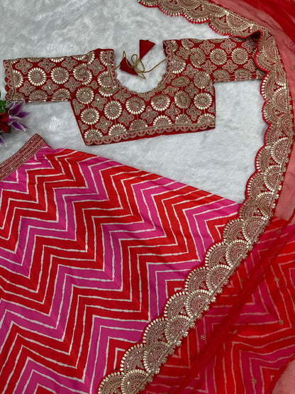 Pink & Red Dori Embroidered Silk Party Wear Lehenga choli