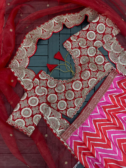 Pink & Red Dori Embroidered Silk Party Wear Lehenga choli