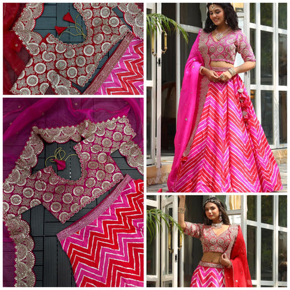 Pink & Red Dori Embroidered Silk Party Wear Lehenga choli