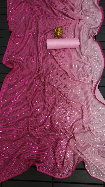 Pink Color Heavy Georgette Dual Sequence Embroidery Work Designer Saree