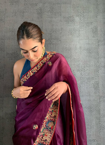 Wine Party Wear Designer Kasturi Silk Saree with heavy banglory silk blouse