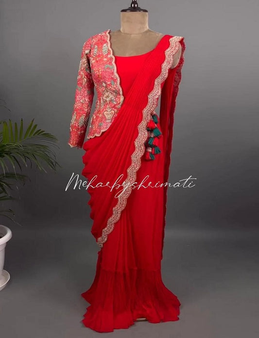 Red New Super Trending Embroidery cording work ready to wear saree with half koti