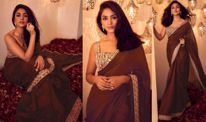 Mrunal Thakur Bollywood Style Red Colour Vichitra Silk With Fancy Border Saree Collection Images