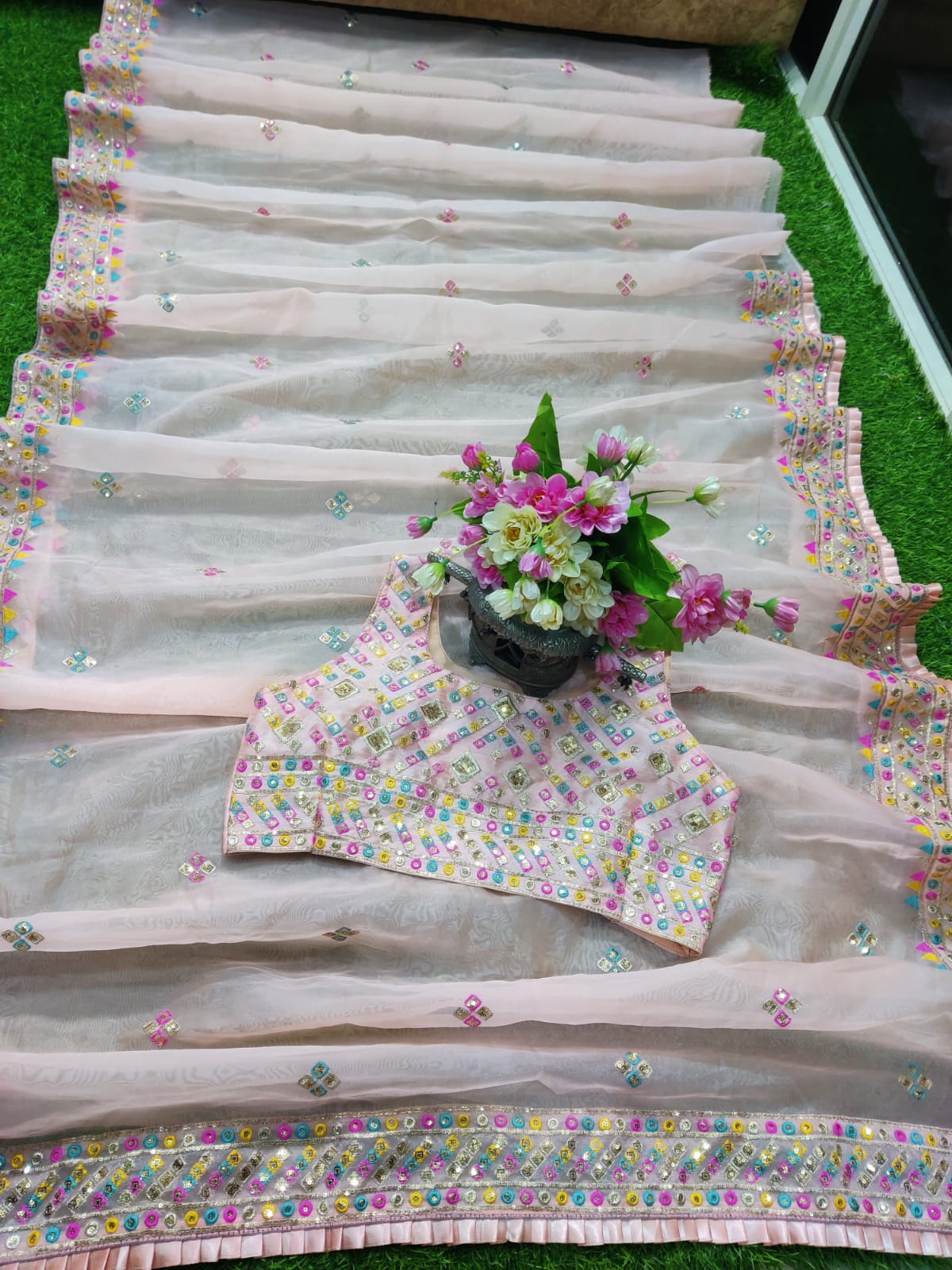 Pink Premium Heavy Organza Silk Saree with Thread and Sequins Embroidery, Wedding wear Saree, Party wear Designer Organza Silk Sari Blouse