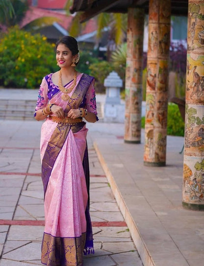 Women's Pink Banarasi Soft Lichi Silk Saree For Beautiful Rich Pallu & Jacquard Lace Border Work Saree With 2 Blouse Pieces