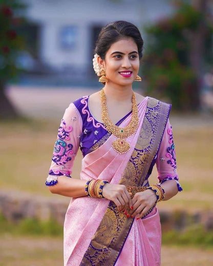 Women's Pink Banarasi Soft Lichi Silk Saree For Beautiful Rich Pallu & Jacquard Lace Border Work Saree With 2 Blouse Pieces