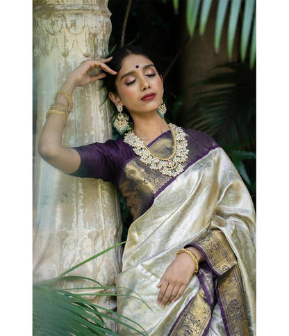 Cream Color Kanjivaram Silk Saree With Haevy Weaving Rich Pallu Exclusive Saree Extra Ordinery party wear Stunning Look Saree With Unstitched Blouse Piece