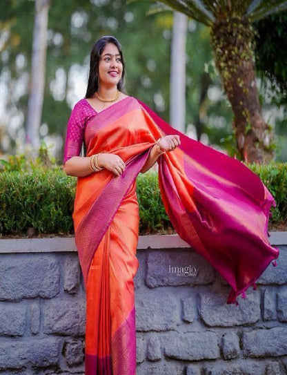 Women's Heavy Banarasi Silk Woven Pattern Modern Jacquard Work Most Trendy and Famous Saree with fully Jacquard Trendy Work Blouse Peice.