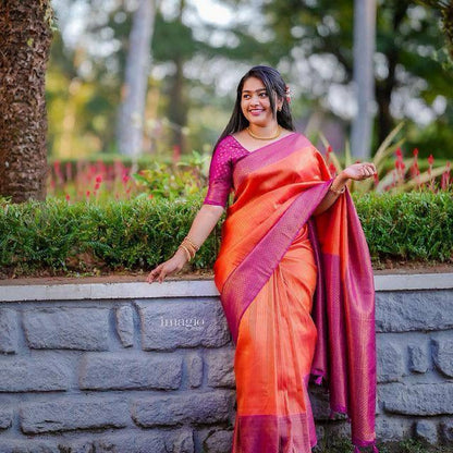 Women's Heavy Banarasi Silk Woven Pattern Modern Jacquard Work Most Trendy and Famous Saree with fully Jacquard Trendy Work Blouse Peice.
