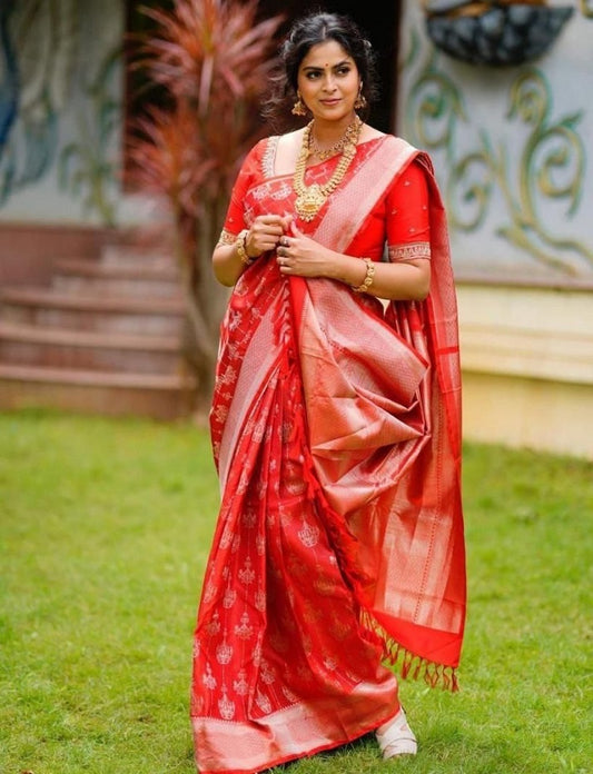 Red Color Wedding Wear Soft Banarasi Silk Saree with Golden Zari Work And Blouse Piece