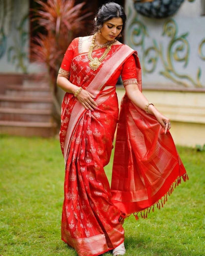 Red Color Wedding Wear Soft Banarasi Silk Saree with Golden Zari Work And Blouse Piece