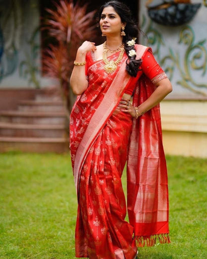 Red Color Wedding Wear Soft Banarasi Silk Saree with Golden Zari Work And Blouse Piece