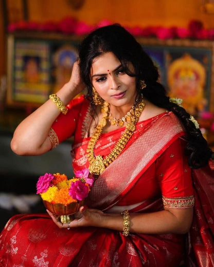 Red Color Wedding Wear Soft Banarasi Silk Saree with Golden Zari Work And Blouse Piece