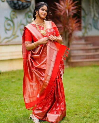 Red Color Wedding Wear Soft Banarasi Silk Saree with Golden Zari Work And Blouse Piece
