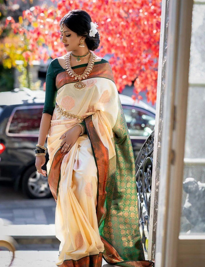 White Green Floral Woven Soft Lichi Silk Saree with Unstitched Blouse Piece