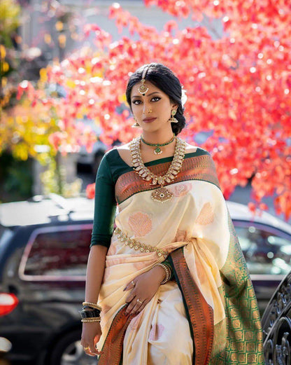 White Green Floral Woven Soft Lichi Silk Saree with Unstitched Blouse Piece