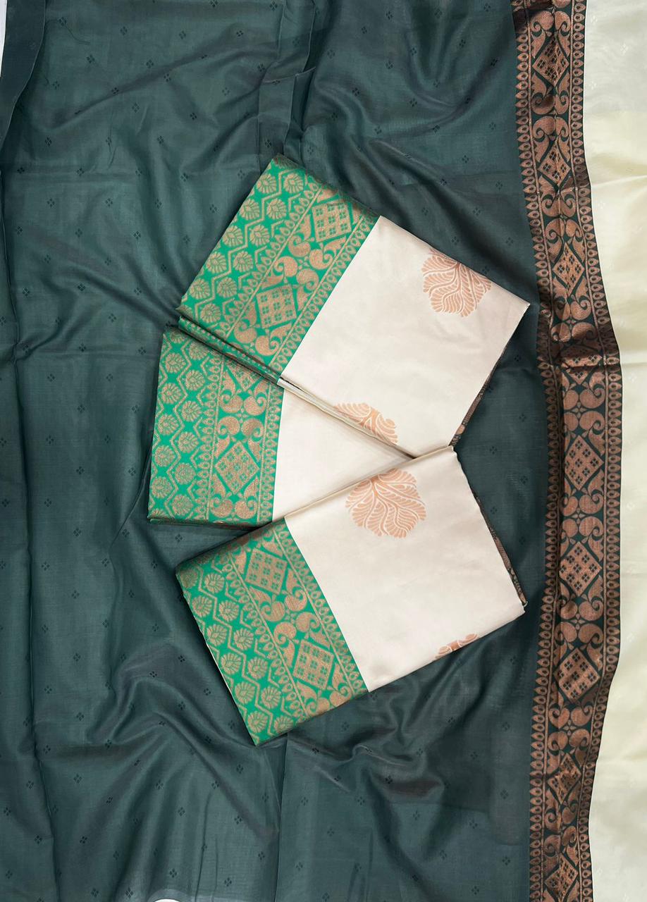 White Green Floral Woven Soft Lichi Silk Saree with Unstitched Blouse Piece