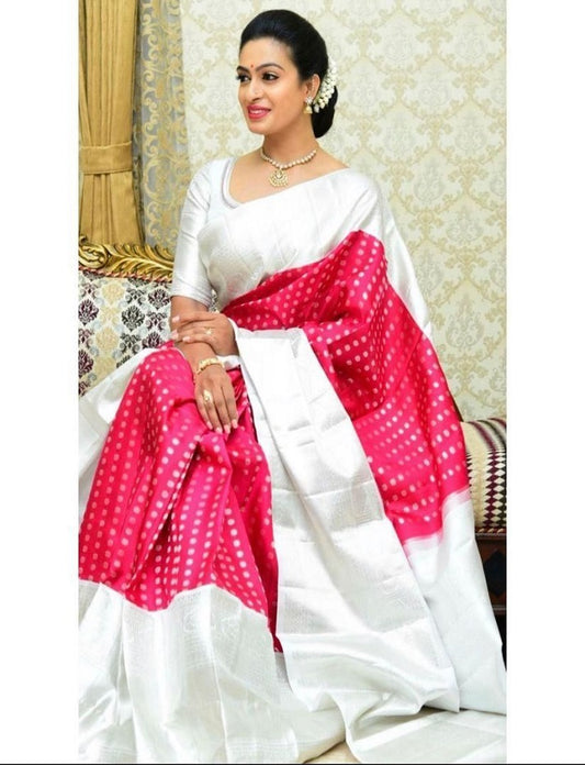 Women's Pink White Kanchipuram Banarasi Lichi Silk Saree With Plain Unstitched Blouse piece