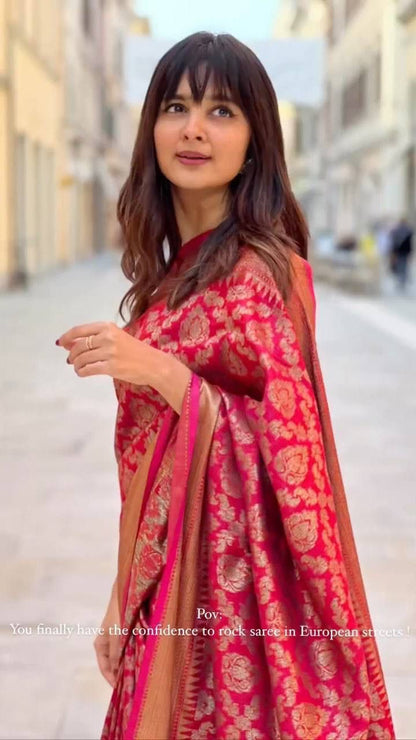 Women's PIink Color Soft Litchi Silk Saree with Unstitched Blouse Piece.