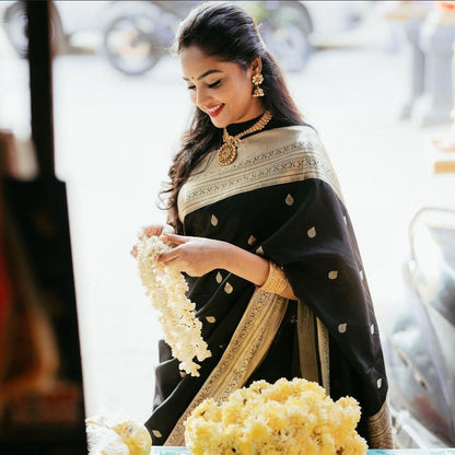 Black Woven Banarasi Silk Saree with Contrast Border & Blouse Piece