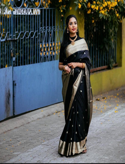 Black Woven Banarasi Silk Saree with Contrast Border & Blouse Piece