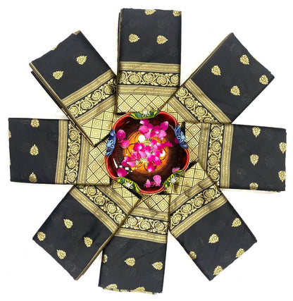 Black Woven Banarasi Silk Saree with Contrast Border & Blouse Piece