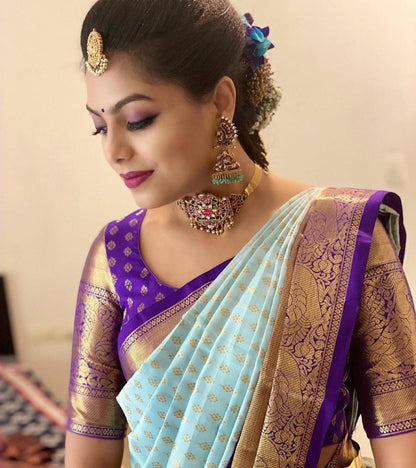Sky Purple Women's Banarasi Lichi Silk Saree With Plain Unstitched Blouse piece