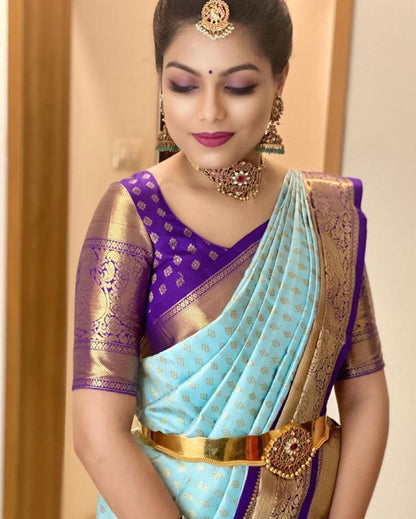 Sky Purple Women's Banarasi Lichi Silk Saree With Plain Unstitched Blouse piece