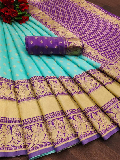 Sky Purple Women's Banarasi Lichi Silk Saree With Plain Unstitched Blouse piece