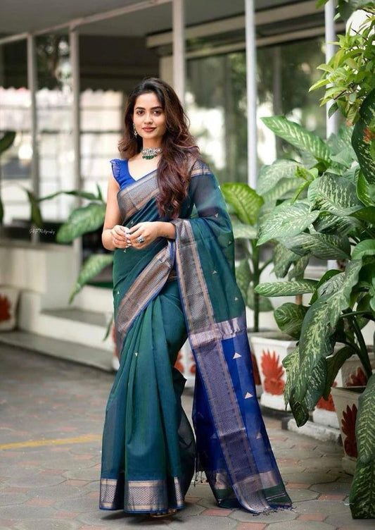 Blue & Rama Banarasi Style Pure Kanjivaram Silk Jacquard Saree With Un-Stiched Blouse