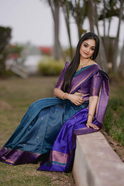 Blue & Rama Banarasi Style Pure Kanjivaram Silk Jacquard Saree With Un-Stiched Blouse