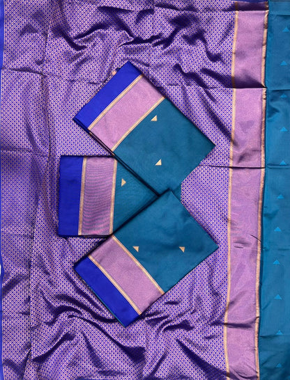 Blue & Rama Banarasi Style Pure Kanjivaram Silk Jacquard Saree With Un-Stiched Blouse