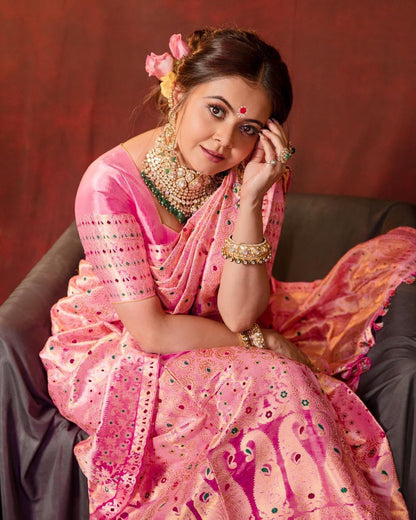 Peach Banarasi Style Pure Kanjivaram Silk Jacquard Kanchipuram Pattu Saree With Un-Stiched Blouse