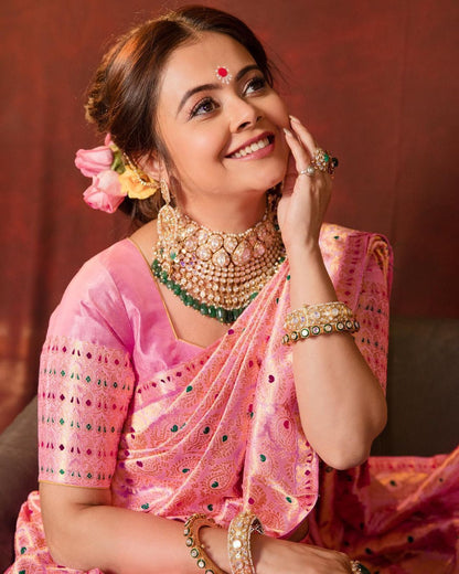 Peach Banarasi Style Pure Kanjivaram Silk Jacquard Kanchipuram Pattu Saree With Un-Stiched Blouse