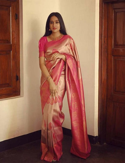 Golden Peach Banarasi Style Pure Kanjivaram Silk Jacquard  Saree With Un-Stiched Blouse