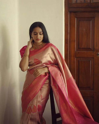 Golden Peach Banarasi Style Pure Kanjivaram Silk Jacquard  Saree With Un-Stiched Blouse