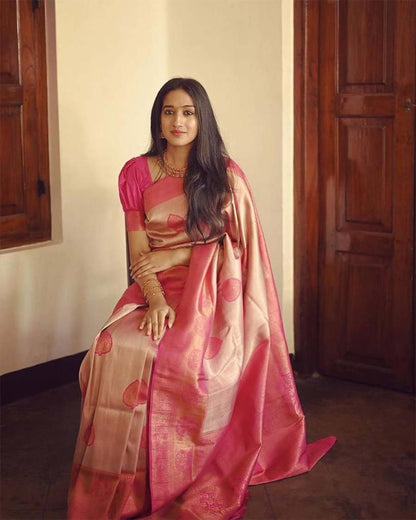 Golden Peach Banarasi Style Pure Kanjivaram Silk Jacquard  Saree With Un-Stiched Blouse