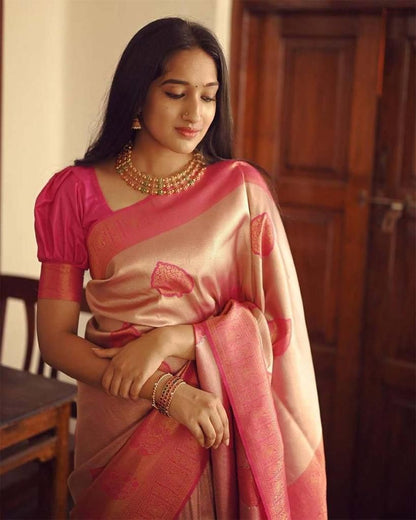Golden Peach Banarasi Style Pure Kanjivaram Silk Jacquard  Saree With Un-Stiched Blouse