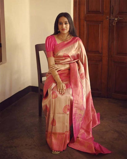 Golden Peach Banarasi Style Pure Kanjivaram Silk Jacquard  Saree With Un-Stiched Blouse