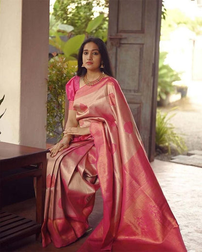 Golden Peach Banarasi Style Pure Kanjivaram Silk Jacquard  Saree With Un-Stiched Blouse