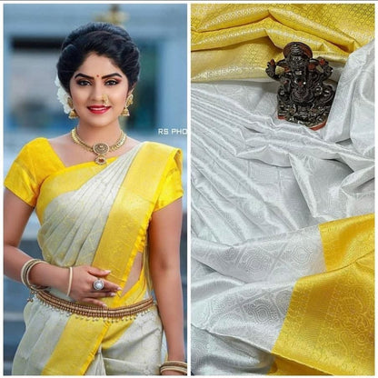 Yellow White Banarasi Style Pure Kanjivaram Silk Jacquard Kanchipuram Pattu Saree With Un-Stiched Blouse