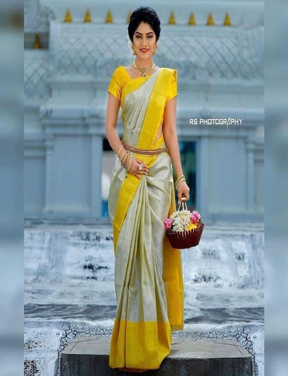 Yellow White Banarasi Style Pure Kanjivaram Silk Jacquard Kanchipuram Pattu Saree With Un-Stiched Blouse